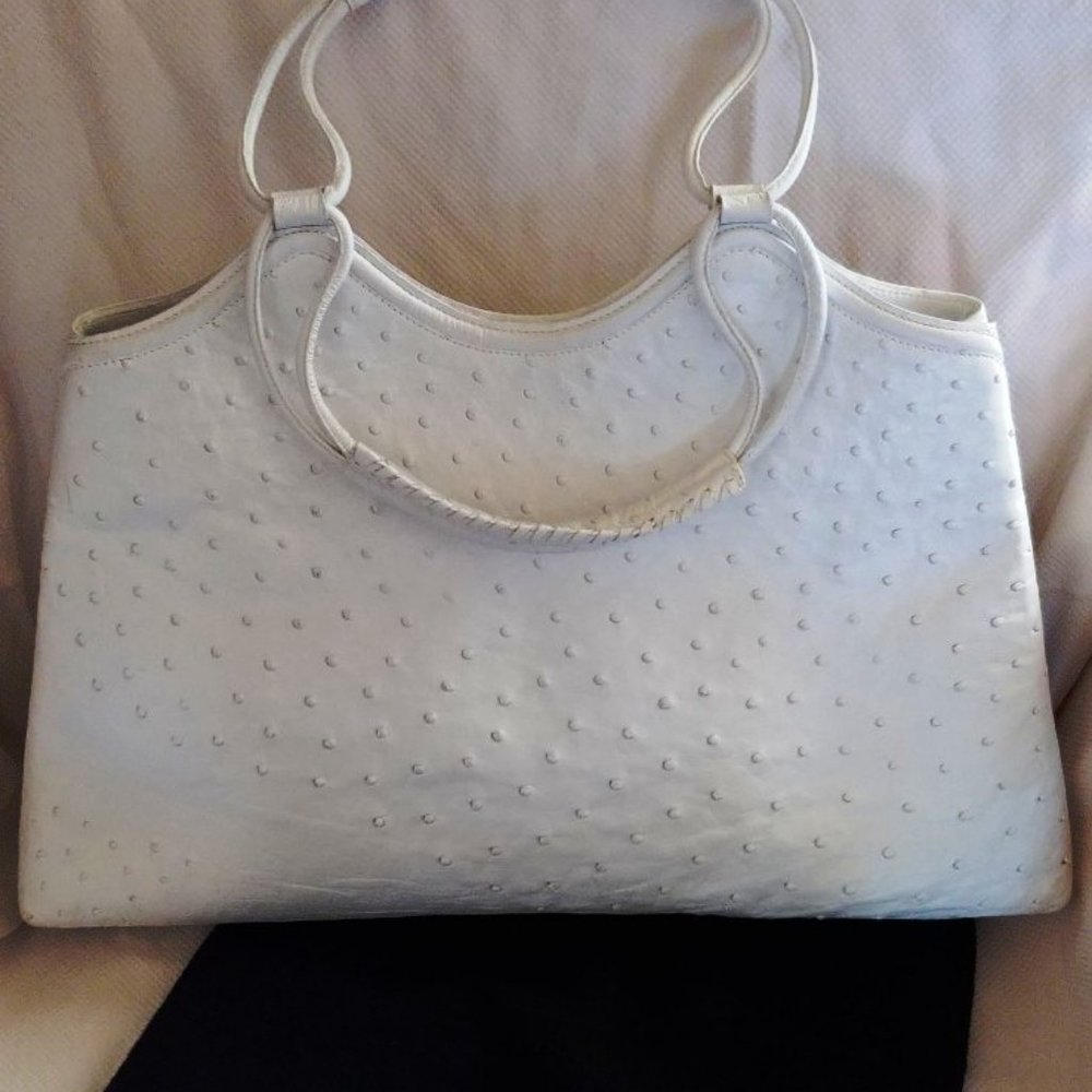Nancy Gonzalez Genuine Ostrich and Suede Satchel Handbag in White EUC